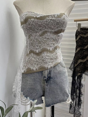 Lace Tube Top With Asymmetrical Hem in Black, back view