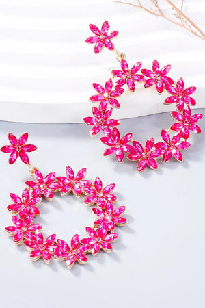Hot Pink floral halo drop earrings with crystal flowers and gold alloy.