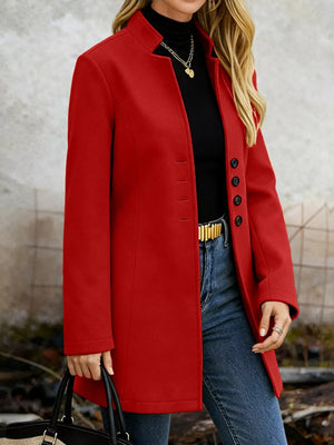 Chic longline trench coat in Scarlet with button-down front and collarless neckline.