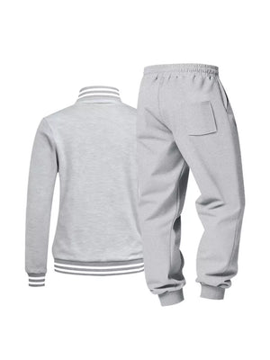 Light gray men's tracksuit set with white striped collar and cuffs.