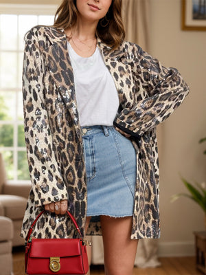Sequin leopard longline tailored jacket with collar and lapels.