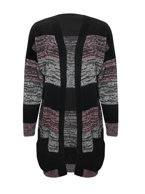 Colorblock knit cardigan with pockets in black, pink, and grey marled yarn.