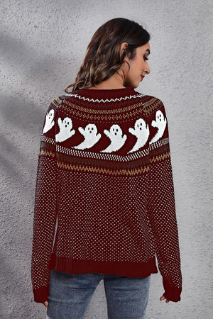 Spooky Jacquard Ghost Crewneck Sweater in Wine with white ghost pattern, acrylic knit, crewneck, long sleeves.
