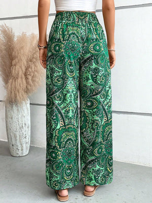 Paisley palazzo trousers in multicolor green with a drawstring waist
