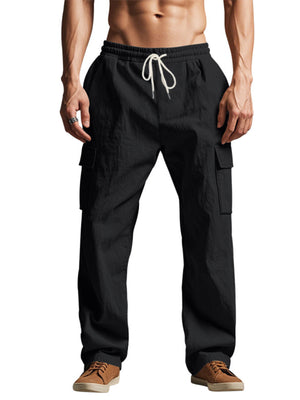 Black cargo sweatpants with drawstring and side pockets.
