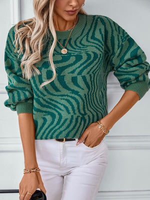 Dark green wavy knit crewneck sweater with a bold abstract pattern.