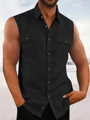 Men's Sleeveless Button-up Shirt With Chest Pockets in Blue, side view