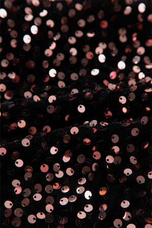 Black sequin backless blouse with rose gold sequins on textured fabric