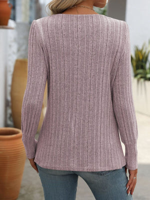 Lilac ribbed knit long sleeve top with side button detail