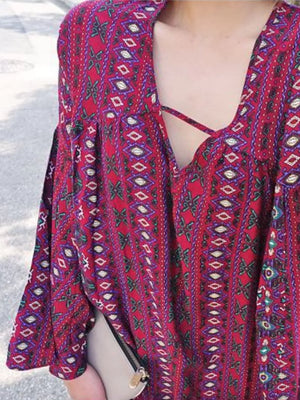 Bohemian Print Midi Dress With Side Slits in Red, fabric detail