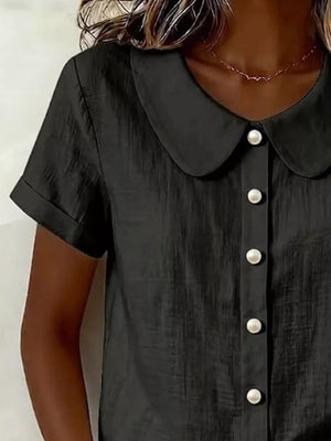 Peter Pan Collar Pearl Button Short Sleeve Shirt, model styling view
