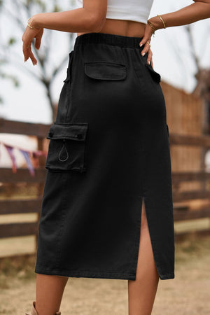 Black midi skirt with utility pockets and side slit, drawstring waist