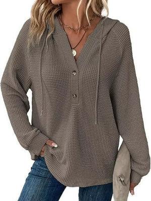 Full Size Waffle Knit Half-button Hoodie Plus Size in Black, back view