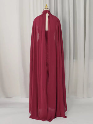 Ruched Halter Neck Cape Maxi Dress in Red, back view