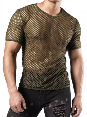Army green mesh knit crew neck tee with short sleeves.