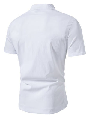 White cotton short sleeve shirt with band collar and button detail.