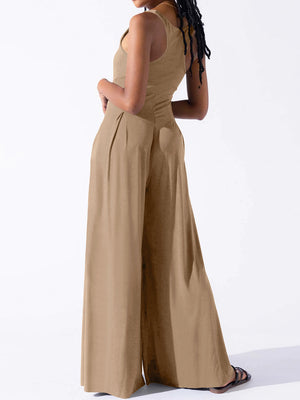 Camel square neck palazzo jumpsuit with wide legs and a cinched waist.