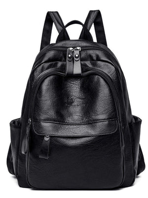 Black pu leather medium backpack with multiple compartments and side pockets.