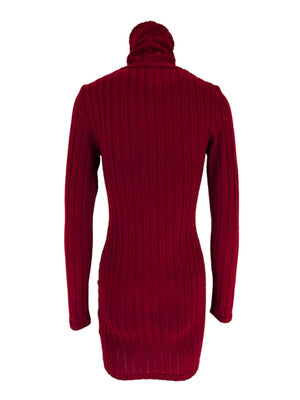 Red ribbed turtleneck bodycon mini dress with long sleeves.