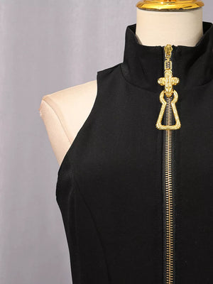 Zip Up Sleeveless Mini Dress in Black, fit detail