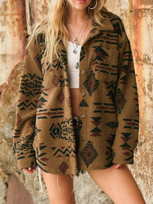 Brown sherpa overshirt jacket with bold Aztec pattern and button front.