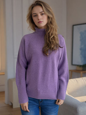 Purple ribbed turtleneck sweater with subtle sparkle detail and ribbed cuffs.