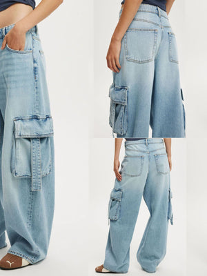 Relaxed fit light blue wash cotton blend cargo maternity jeans with ankle length and vintage charm.