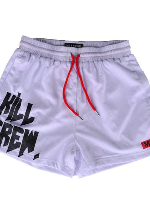 White mesh shorts with black graphic text and red drawstring.