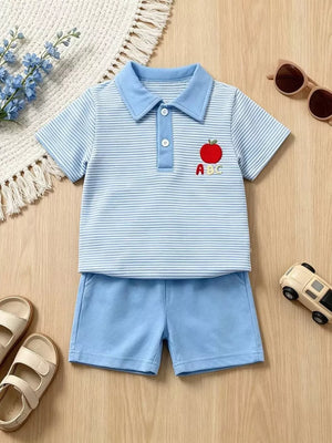Baby boys blue striped polo shirt and shorts set with apple and ABC embroidery