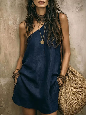 One Shoulder Linen Mini Dress Plus Size in Ivory, alternate angle