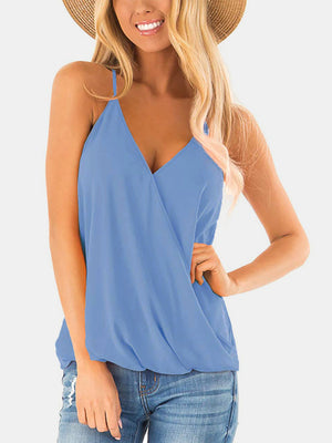 Misty blue draped crossover halter cami with V-neckline.