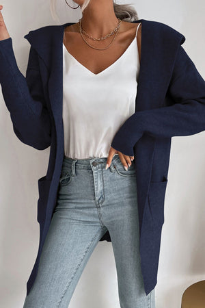 Navy ribbed knit hooded cardigan with open front and pockets