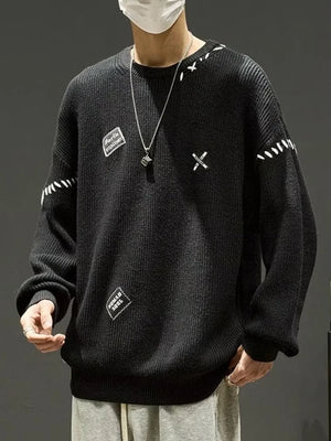 Men's Dropped Shoulder Long Sleeve Sweater in Black, side view