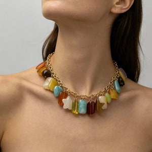 Bohemian Multi-color Gemstone 18k Gold-plated Necklace in Gold, model styling view