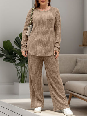 Ribbed knit lounge set in camel with long sleeves, crew neck, chest pocket, and wide-leg pants.