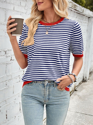 Nautical striped knit tee with red trim and short sleeves.