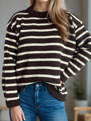 Breton stripe relaxed knit sweater in chocolate and white acrylic with a crew neck.