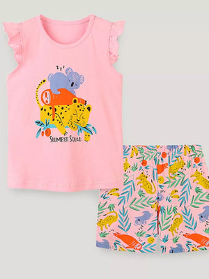 Toddler pink animal print sleepwear set with ruffled cap sleeves and shorts featuring leopards and sloths.