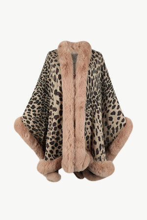 Leopard print cape with faux fur trim in beige and pink, acrylic.