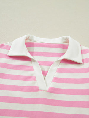 Pink and white striped cotton blouse with a white collar and V-neck detail.