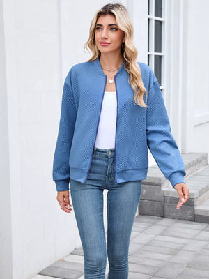light gray bomber jacket with hip-length and zip-front