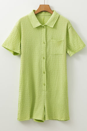 Lime textured collared romper with patch pocket and button front