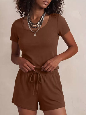 Brown scoop-neck tee and drawstring shorts set for women, comfortable loungewear.