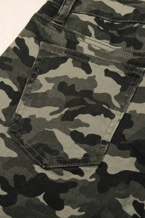 Women's camo print cotton jeans with a back pocket detail.