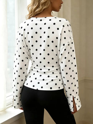 Polka Dot V-neck Long Sleeve T-shirt in Black, back view