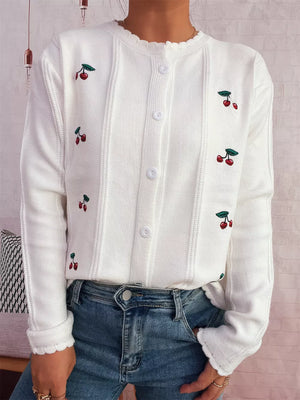 White button up cardigan with cherry embroidery and scalloped trim