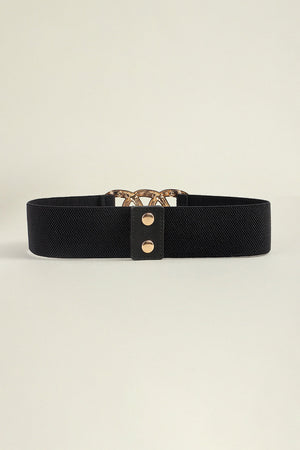 Black elastic belt with triple ring gold alloy buckle and gold stud closure