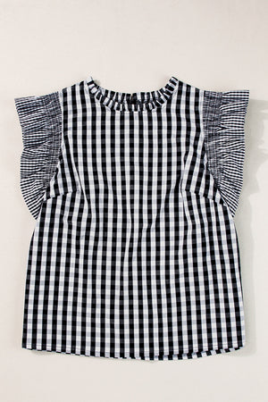 Black gingham ruffle sleeve mock neck blouse with ruffled sleeves.