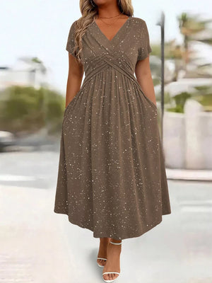 Full Size Glitter Flutter Sleeve Midi Dress Plus Size in Silver Gray, product detail
