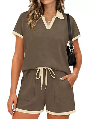 Brown polo collar two-piece set with drawstring shorts and contrast trim.